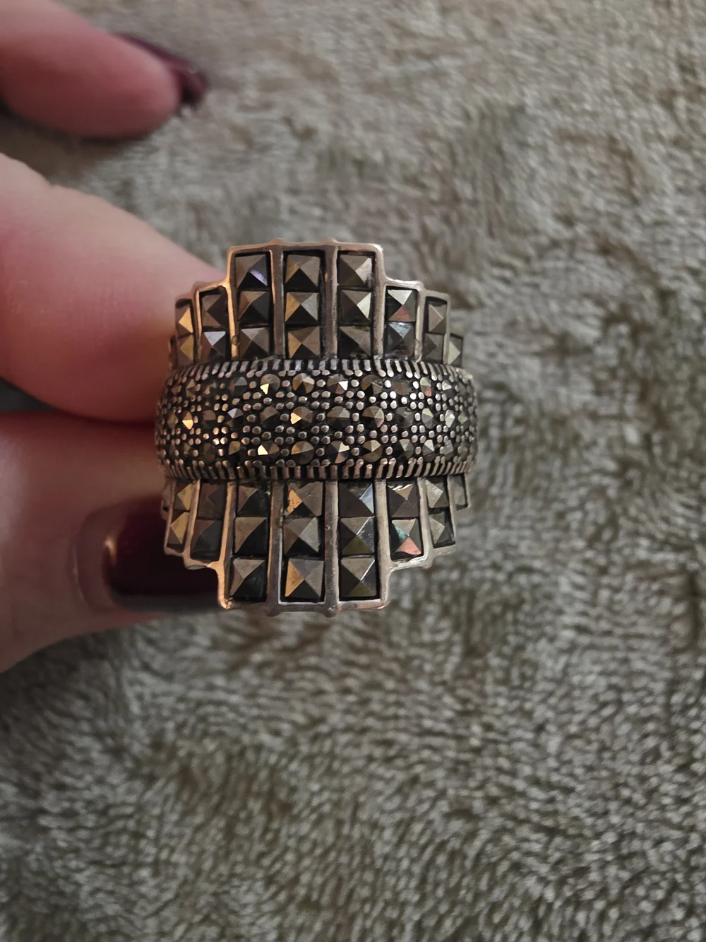 Sterling Silver & Marcasite Statement Ring with Pavé Center - Size 11 See Pics